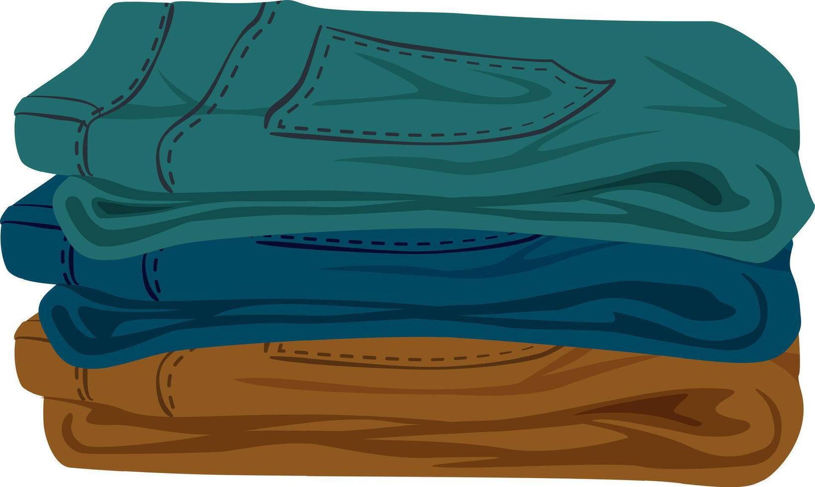 Three pairs of folded jeans stacked neatly on a white background, highlighting a variety of colors and intricate stitching details, perfect for casual fashion and stylish wardrobes vector