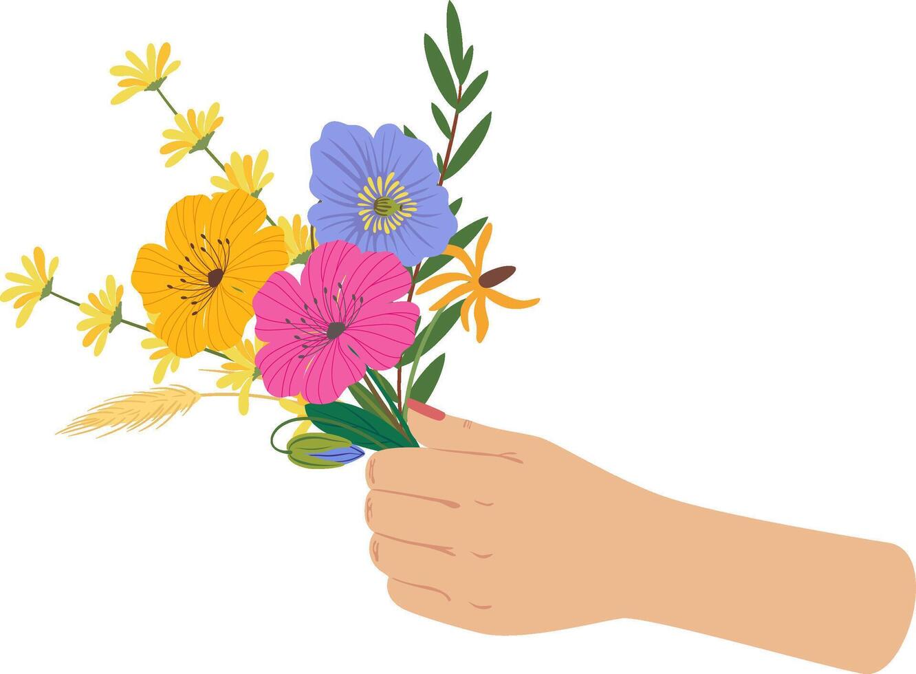 Hand holding a bouquet of colorful wildflowers including pink, yellow, and blue blossoms with green leaves and stems, celebrating the beauty of spring vector