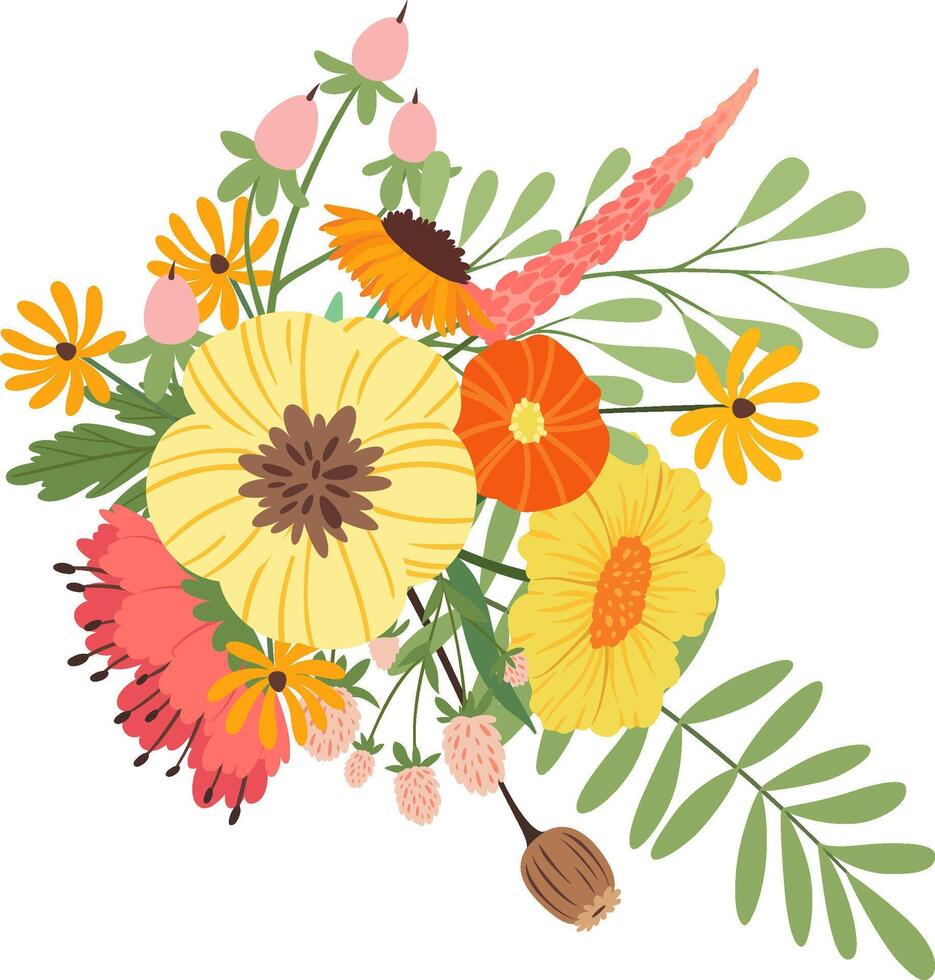 Beautiful bouquet with colorful flowers including yellow and orange petals and green leaves blooming in spring, perfect for wedding invitations, greeting cards or any other design project vector