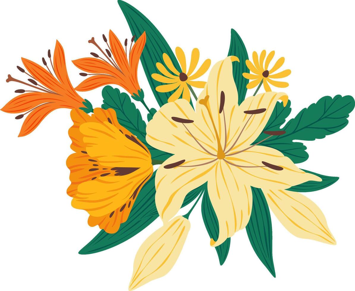 Colorful bouquet of lilies, orange flowers, and green leaves creating a joyful spring decoration, perfect for greeting cards, invitations, or any spring themed design vector