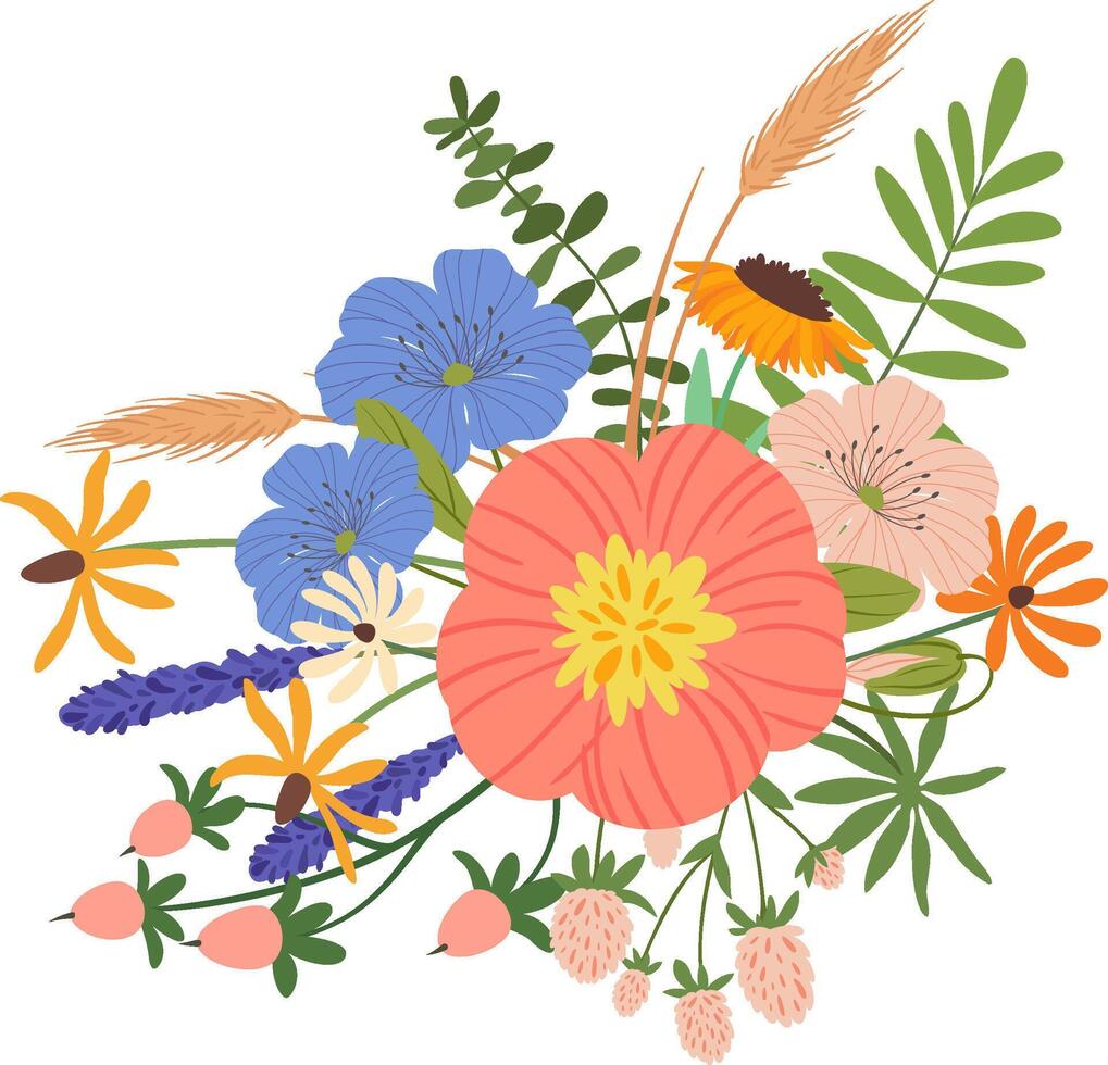 Lush bouquet of wildflowers including lavender, daisies, sunflowers, and flax, creating a vibrant and cheerful arrangement celebrating the beauty of nature vector