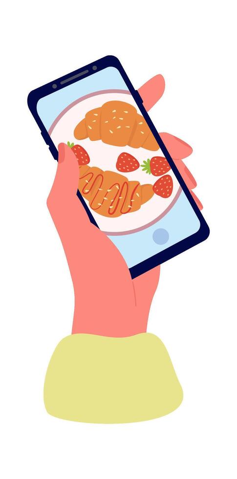 Taking photo by smartphone flat icon Food blog Croissants vector