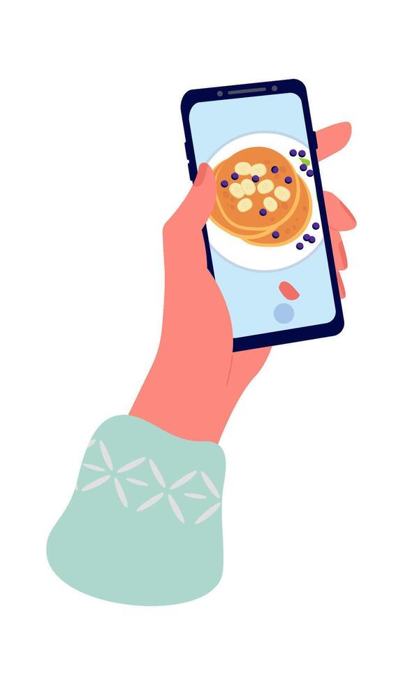 Taking photo flat icon Pancakes picture on smartphone Food blog vector