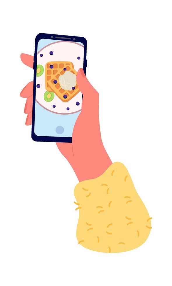 Taking photo flat icon Waffles picture on smartphone Food blog vector