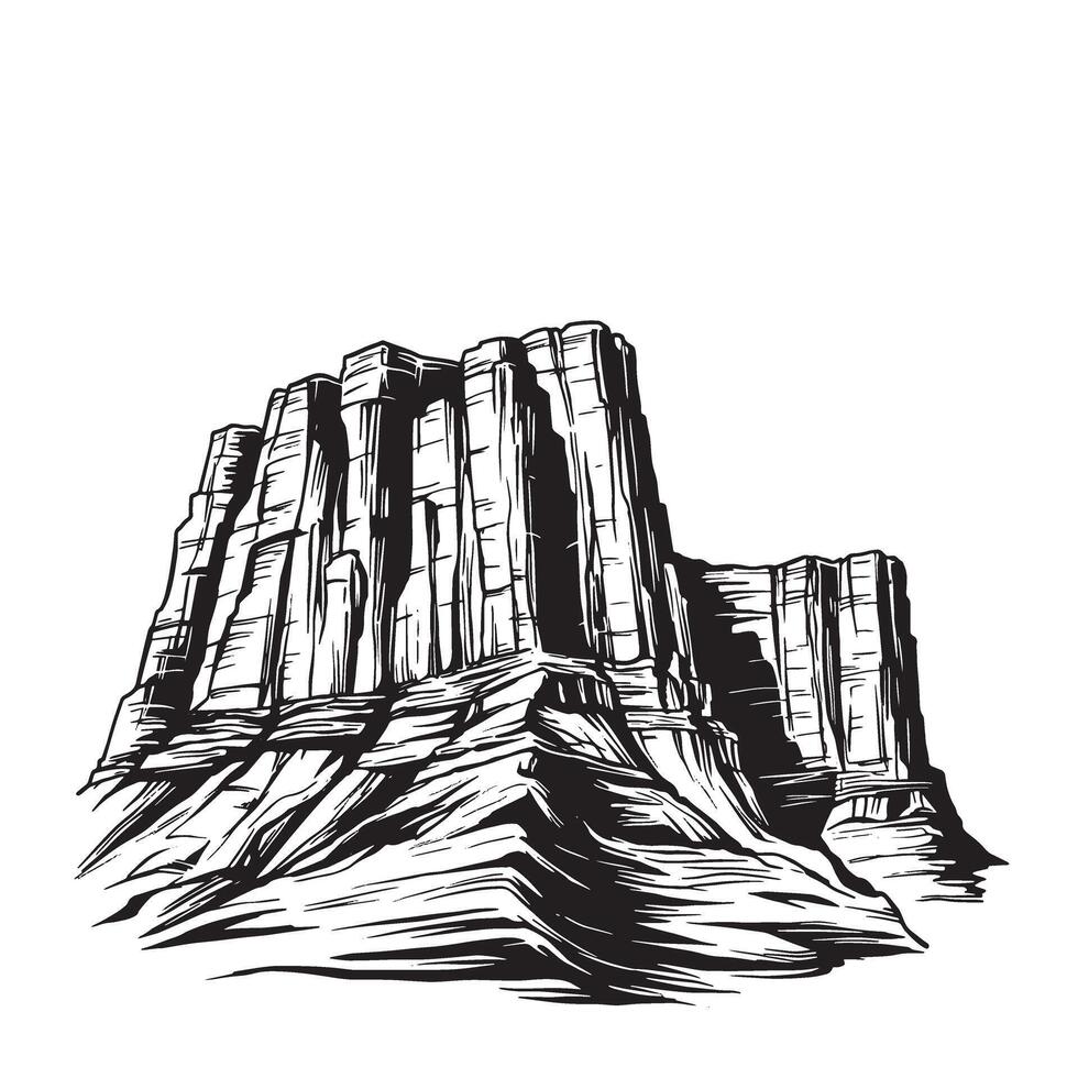 Black and white hand drawn illustration of a majestic cliffside and mountain landscape vector