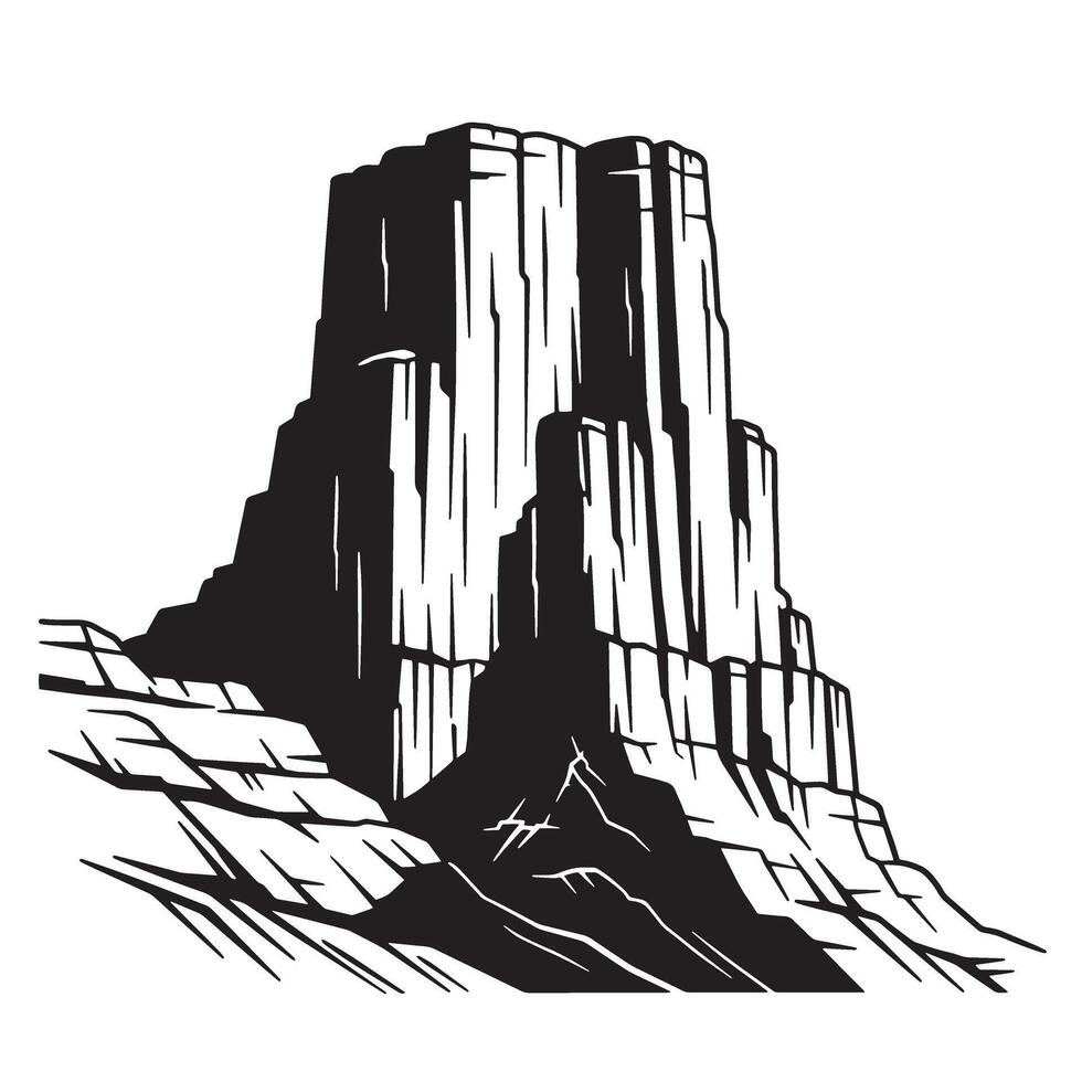 Dramatic black and white illustration of a majestic mountain cliffside landscape icon vector