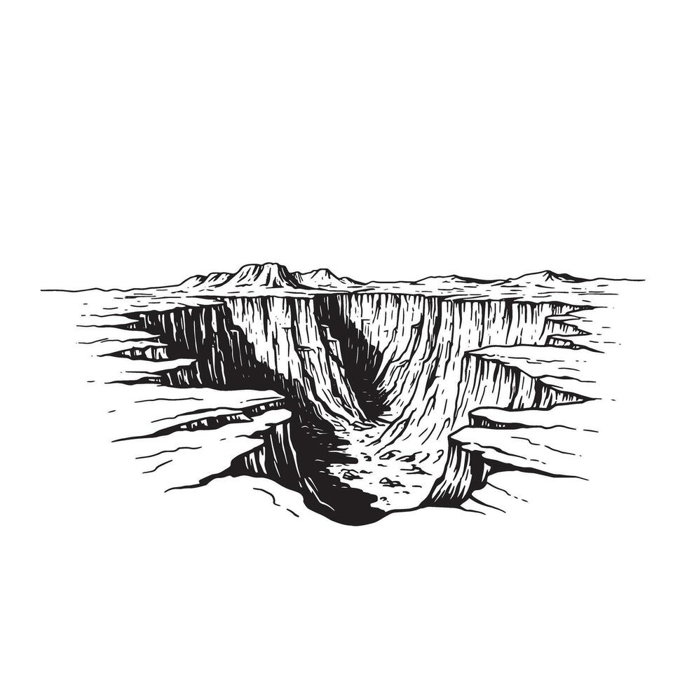 Detailed black and white illustration of a canyon landscape with textured cliff sides vector