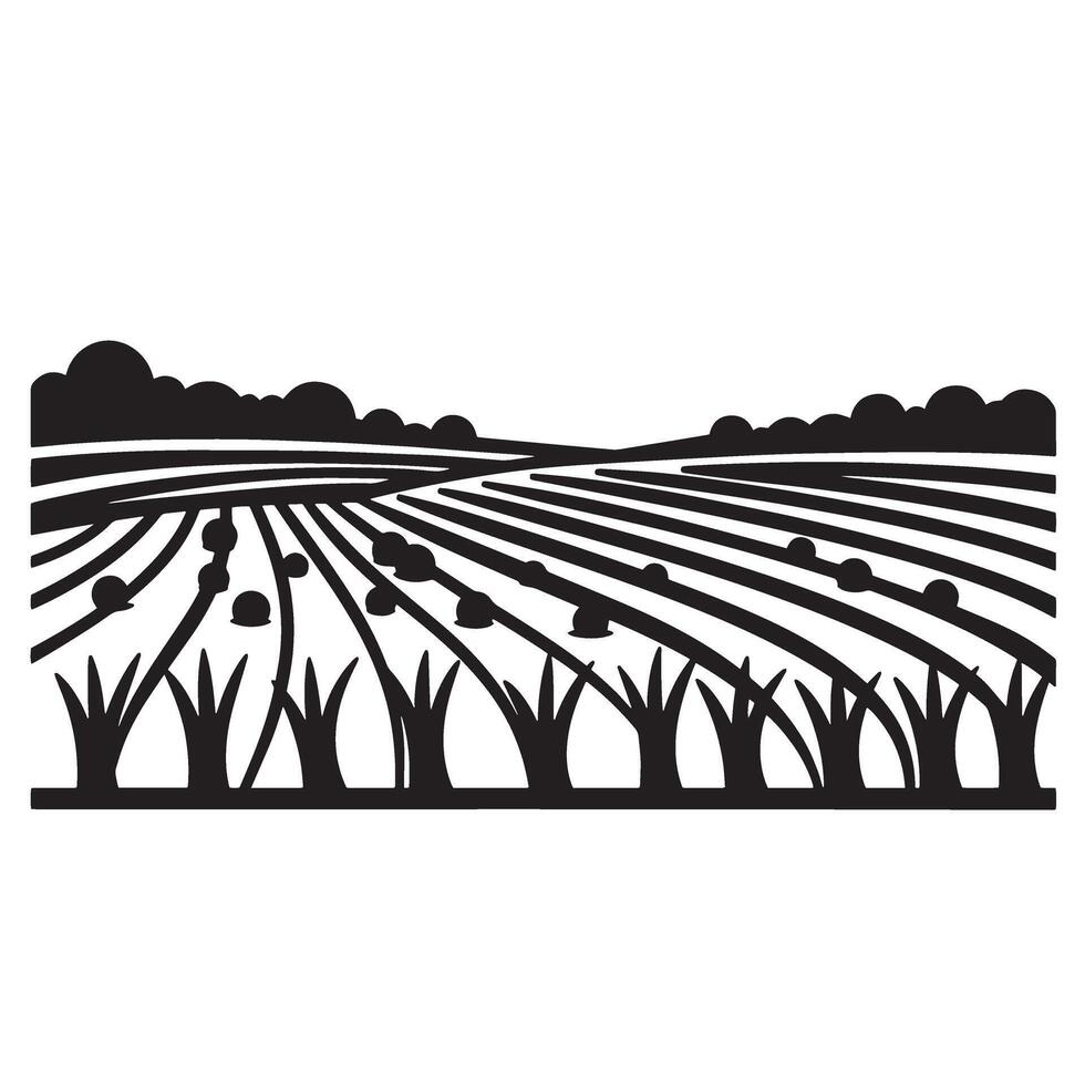 Black and white illustration of a farm field landscape with crops and clouds above vector
