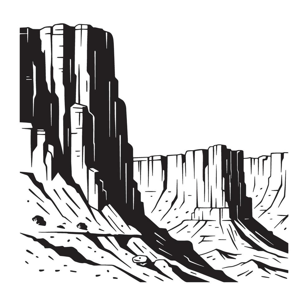 Simple black and white illustration of a majestic canyon landscape with vertical cliffs vector
