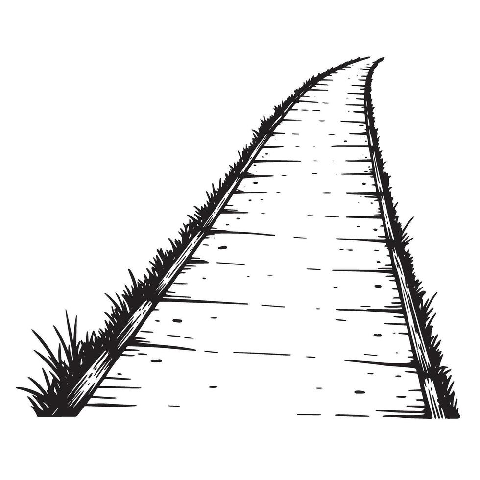 Hand drawn sketch illustration of a winding pathway through a grassy terrain with white background vector