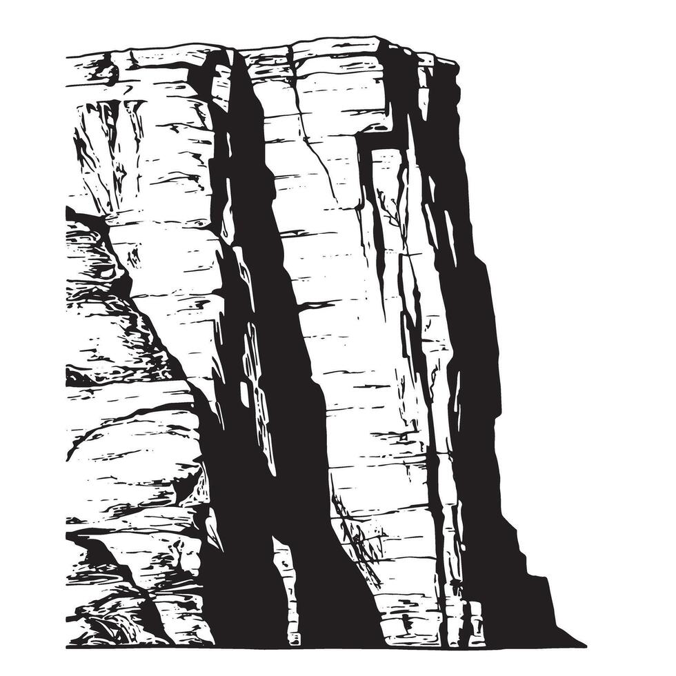 Monochrome illustration of a rocky cliff face on a white background for graphic design vector