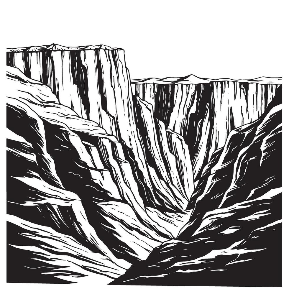 illustration depicting a dramatic black and white canyon landscape and natural formations vector