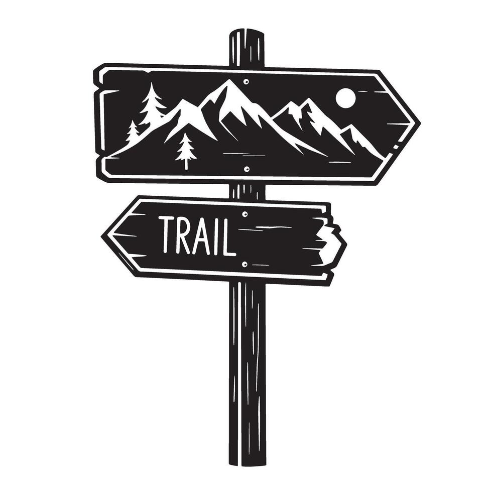 Rustic wooden trail signpost with mountains and trees indicating the direction vector