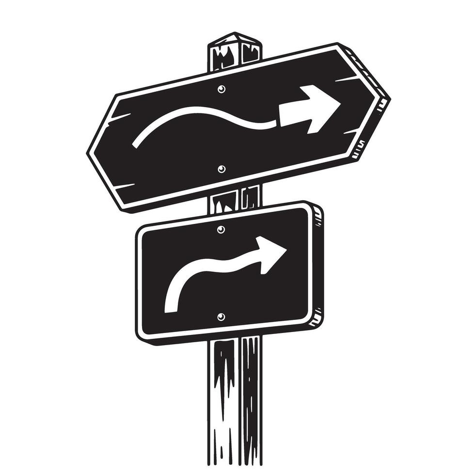Hand drawn road signpost pointing right with arrows and indicating a winding path vector