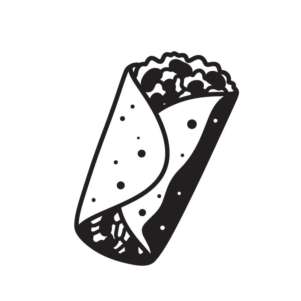 Black and white illustration of a filled burrito food mexican food vector