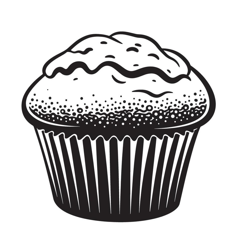 Black and white cupcake illustration with wavy top and dotted texture muffin baked good vector