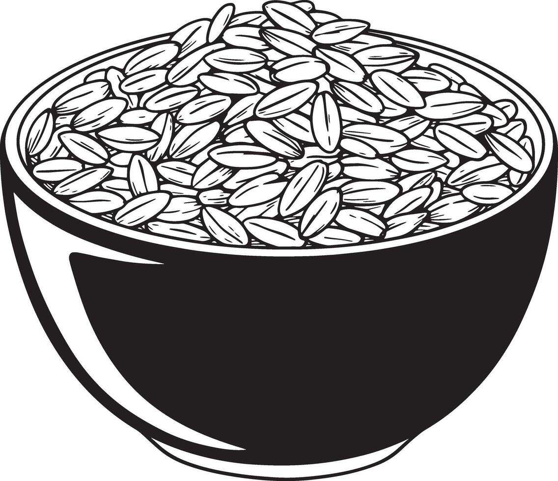Black bowl filled with oval grains seeds food vector