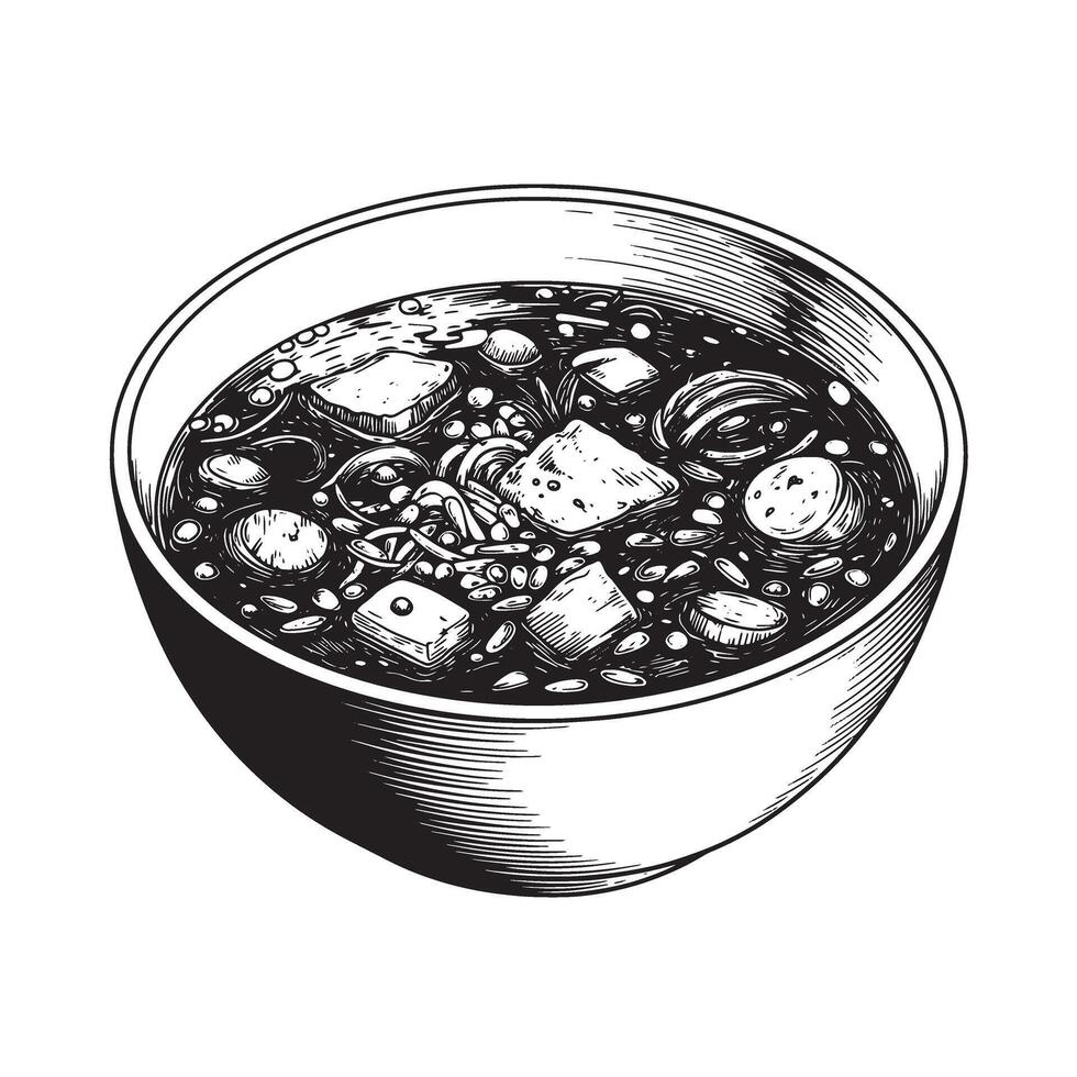 Hearty soup with tofu and noodles bowl broth vector