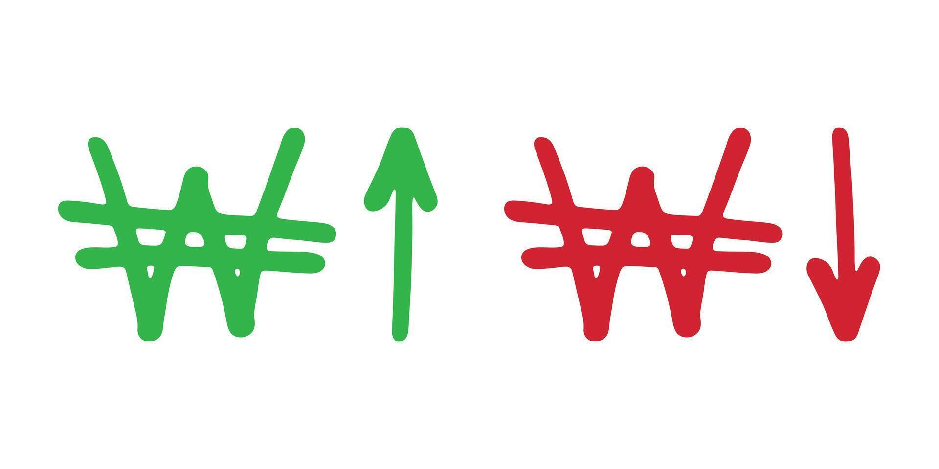 Hand drawn won currency symbol Growth and fall profit with arrow up and down Brush stroke doodle Element for design vector