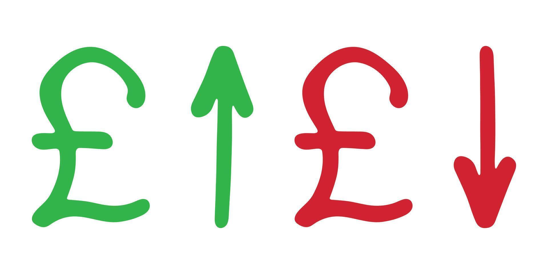 Hand drawn british pound currency symbol Growth and fall profit with arrow up and down Brush stroke doodle Element for design vector