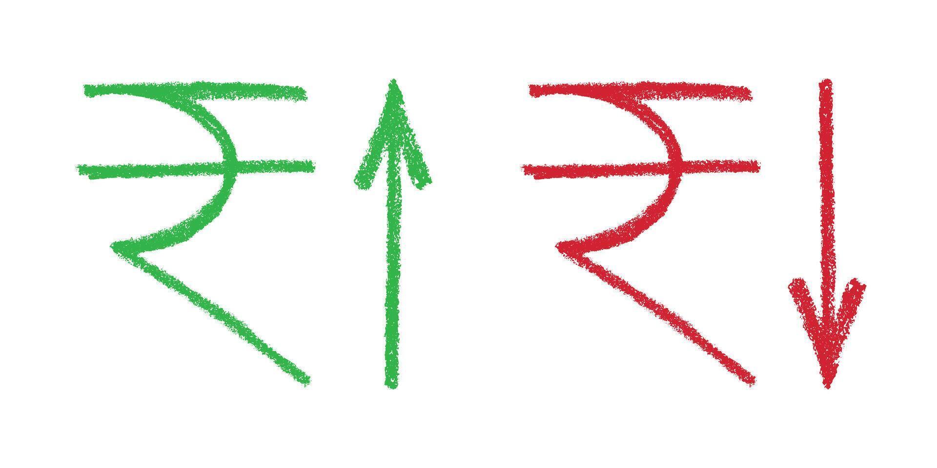 Pencil Hand drawn rupee currency symbol Growth and fall profit with arrow up and down Brush stroke doodle Element for design vector