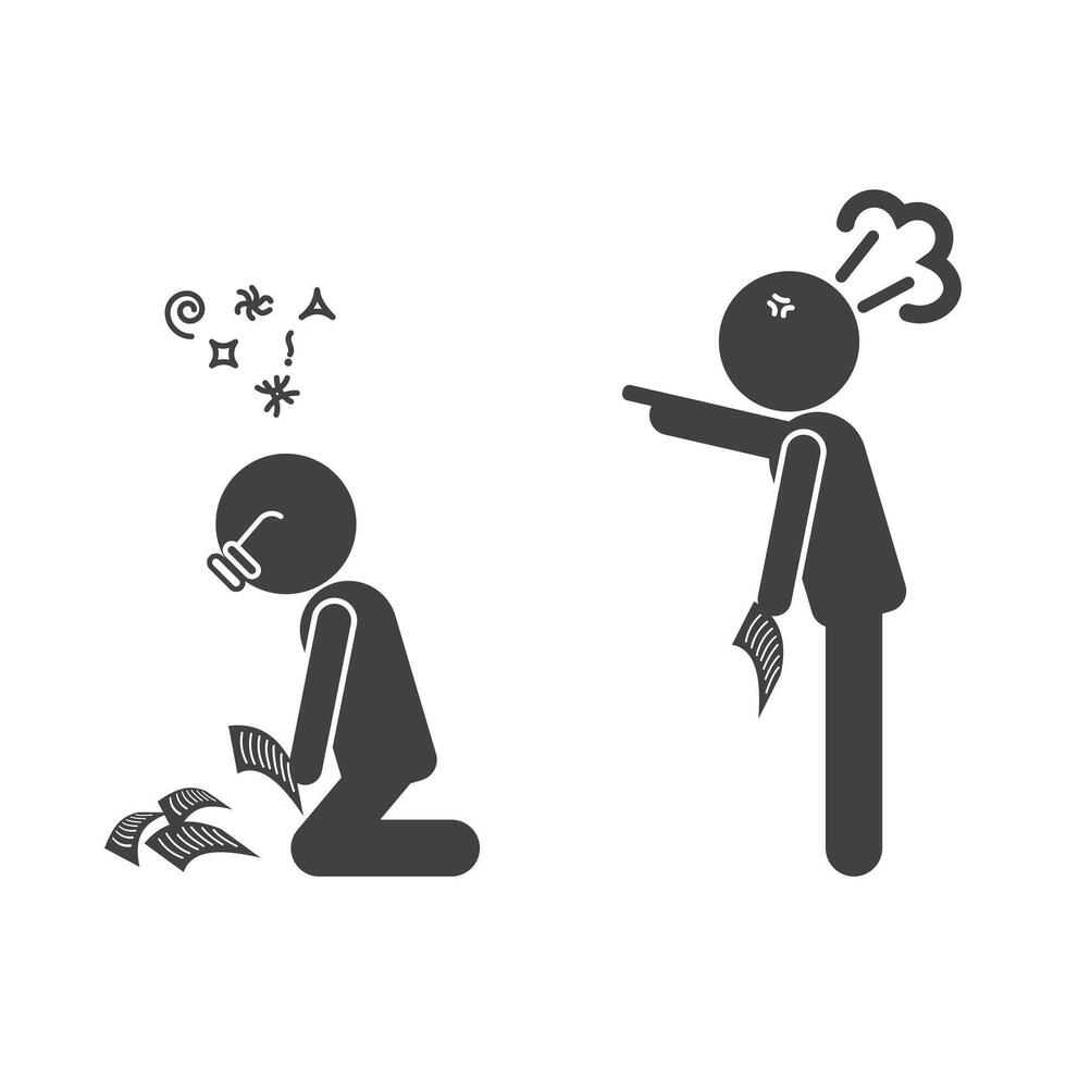 Black silhouette of angry boss shouting at stressed employees symbolizing toxic work environment pressure and workplace conflict. illustration EPS 10. vector