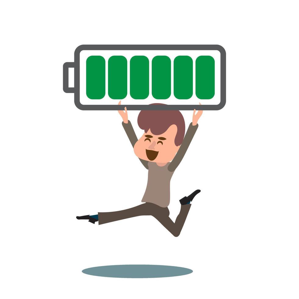 Full battery recharge concept, man carrying full rechargeable battery. positive energy, having motivation to work. vector