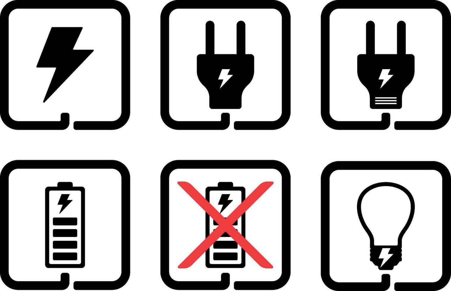 Black and white icon set including electric plug, battery with lightning, light bulb and crossed-out battery symbol, all in square frames, without background vector