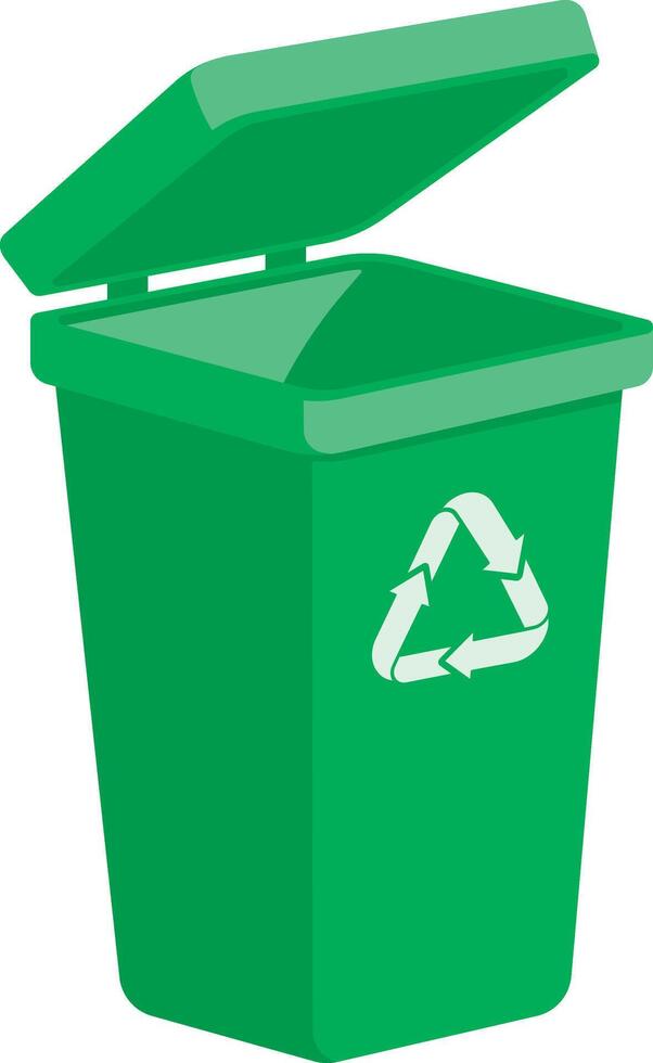 Classic green trash bin with lid and white recycling symbol, isolated illustration without background. vector
