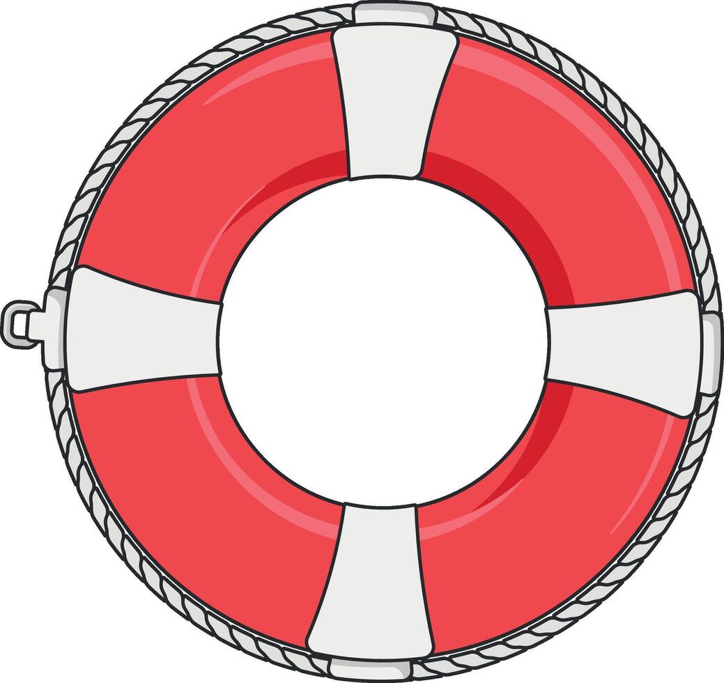 Color icon of red and white lifebuoy with rope, used for water rescue and safety, circular shape, top view, no background vector