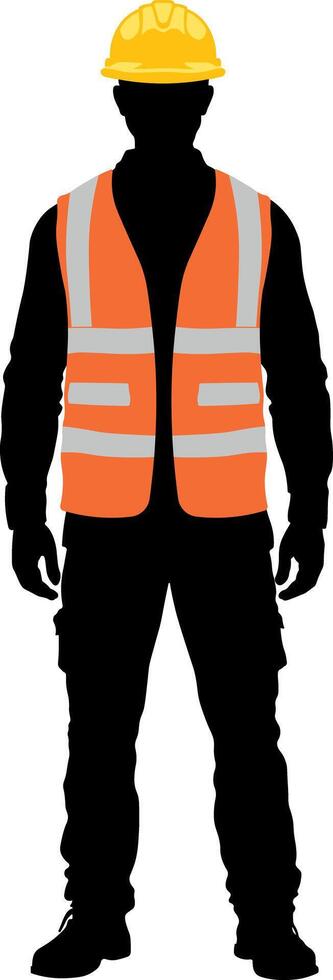 Black silhouette of a worker wearing orange construction vest with reflective gray stripes and yellow helmet, front view, no background vector