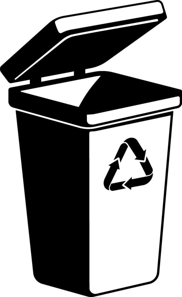 Black and white icon of classic trash bin with lid and recycling symbol, without background. vector