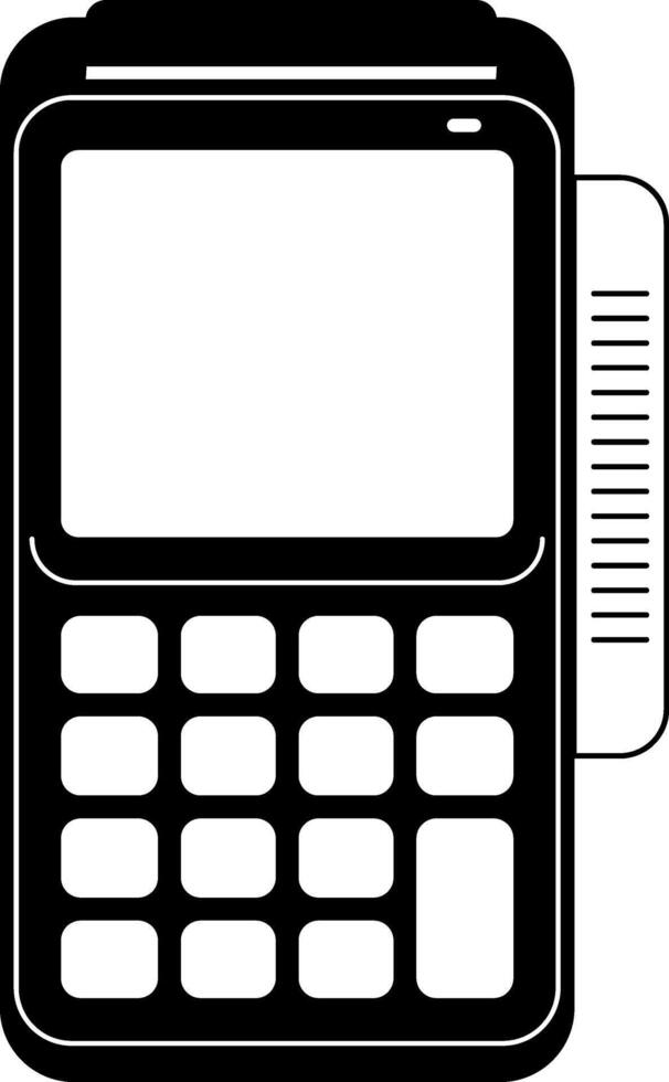 Black icon of electronic payment terminal with screen and keypad, used for contactless or card payments in retail or business, no background vector