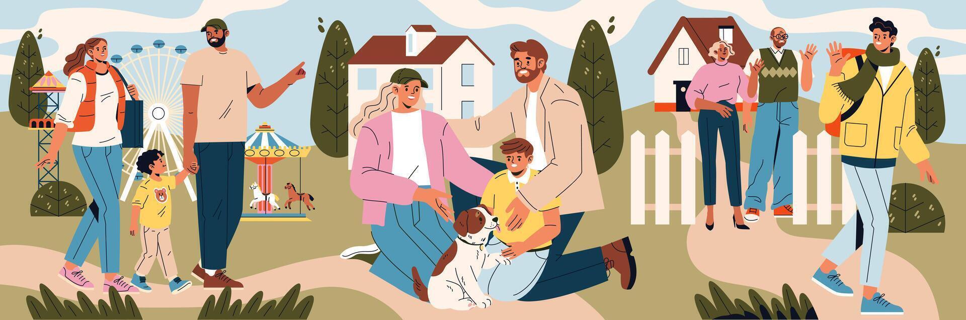 Families enjoying a sunny day outdoors vector