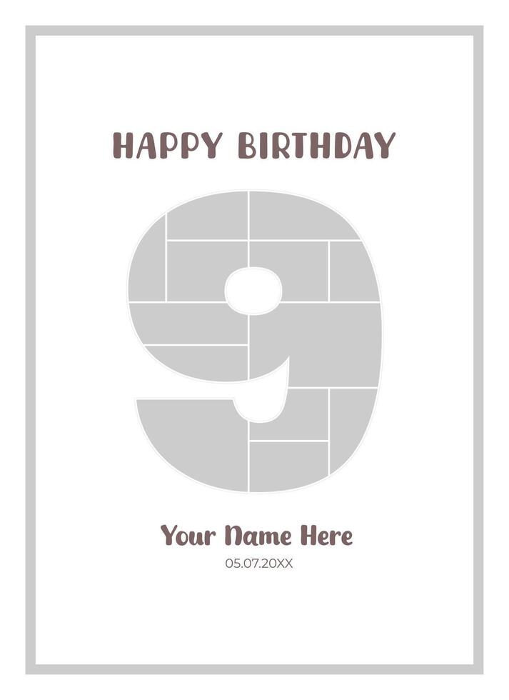 Minimalist design photo collage for 9 year old for wall decoration or birthday greetings vector