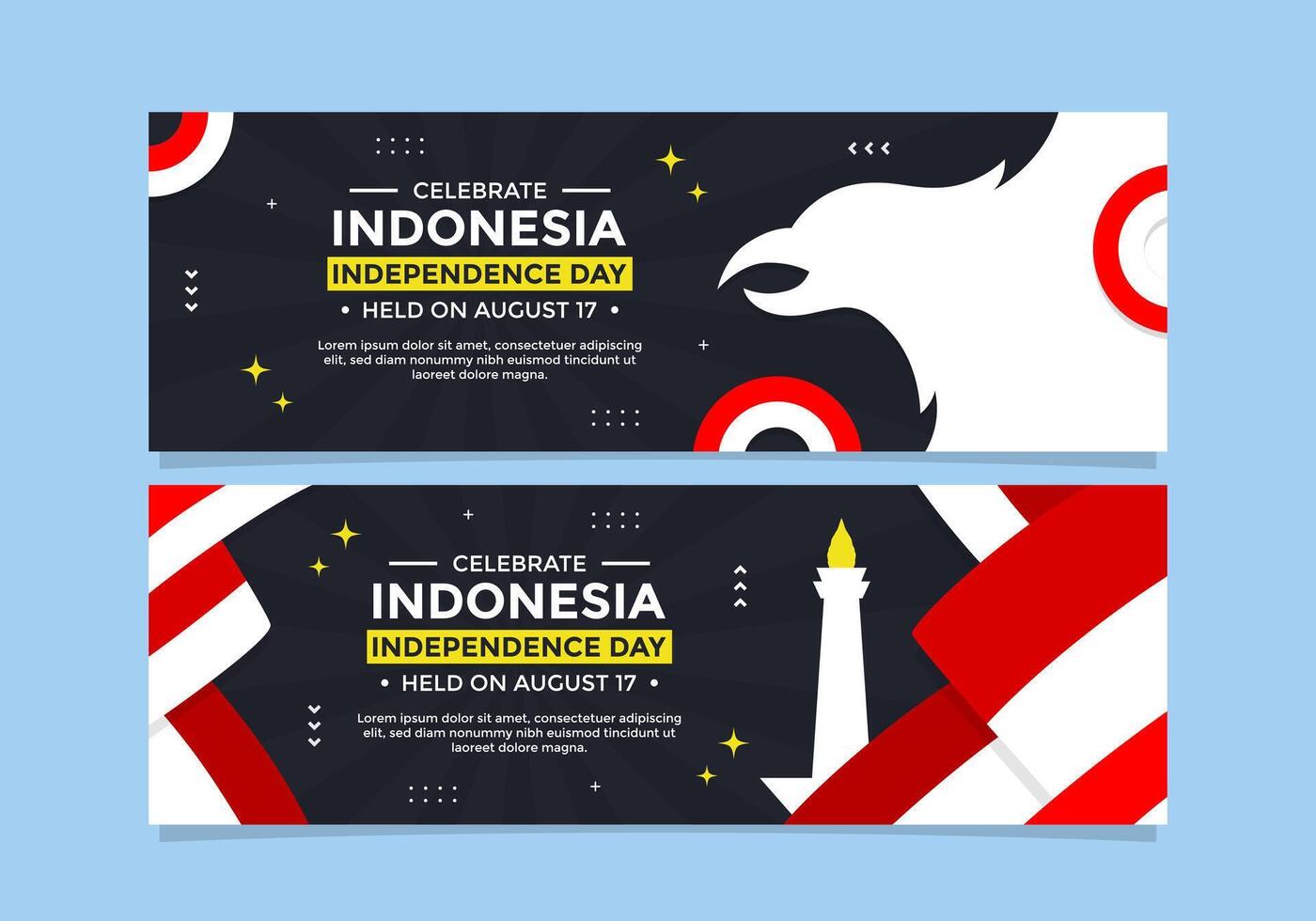 Indonesia Independence Day banner template set with Indonesian flag, national monument, and eagle perfect for advertisement, business, website, promotion, and more vector