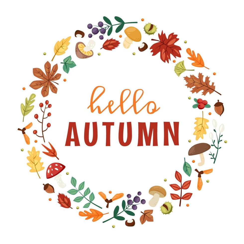 Hello Autumn Wreath with Leaves and Mushrooms. vector