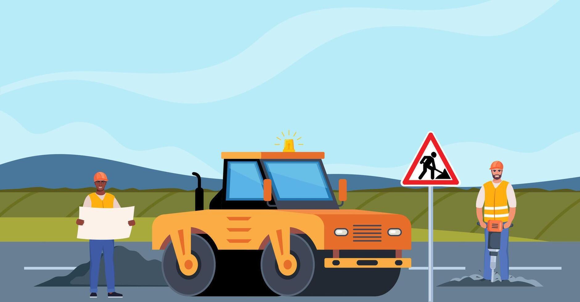 Construction scene with workers and machinery vector