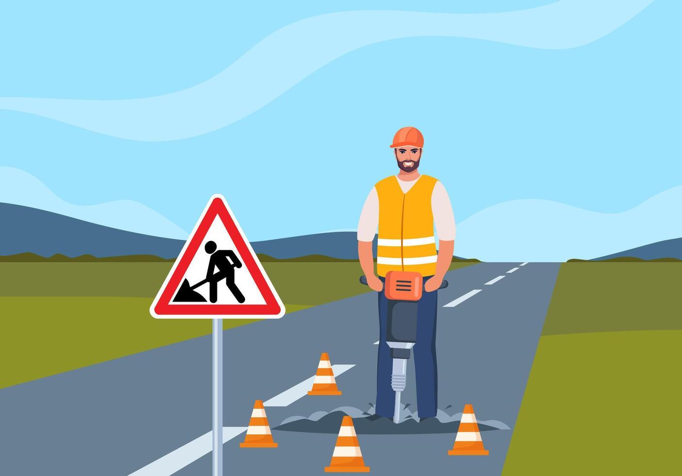 Construction worker using jackhammer vector