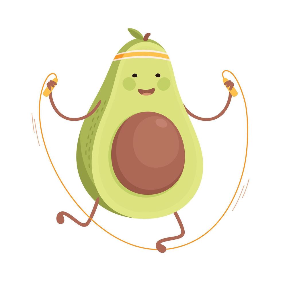 Cute Avocado Jumping with Skipping Rope, Funny Fruit Character Doing Sports, Healthy Eating and Lifestyle, Fitness Concept Cartoon Style Illustration vector