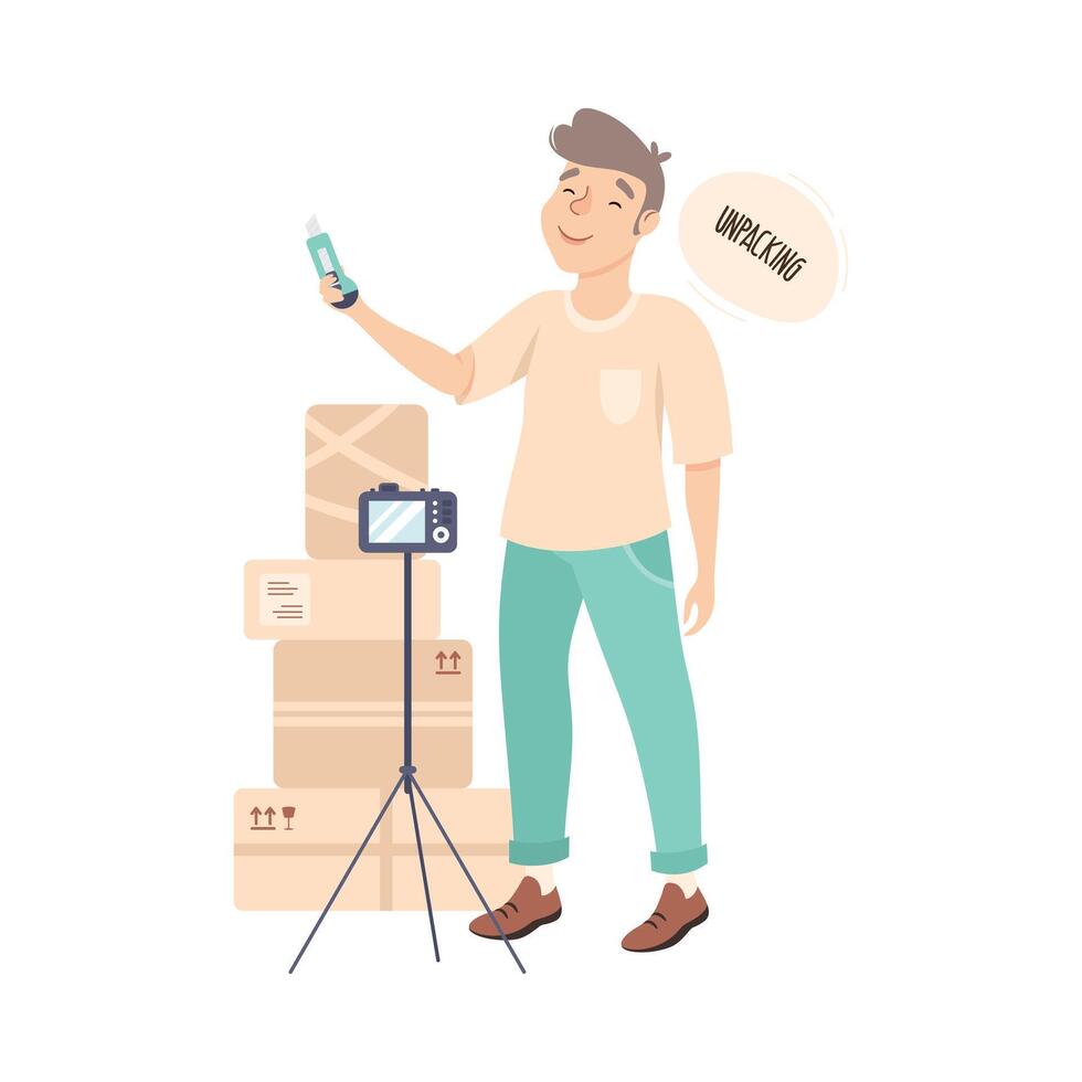 Blogger Guy Unpacking Parcels Online, Male Influencer Unboxing Purchase Recording with Camera on Tripod Cartoon Style Illustration vector