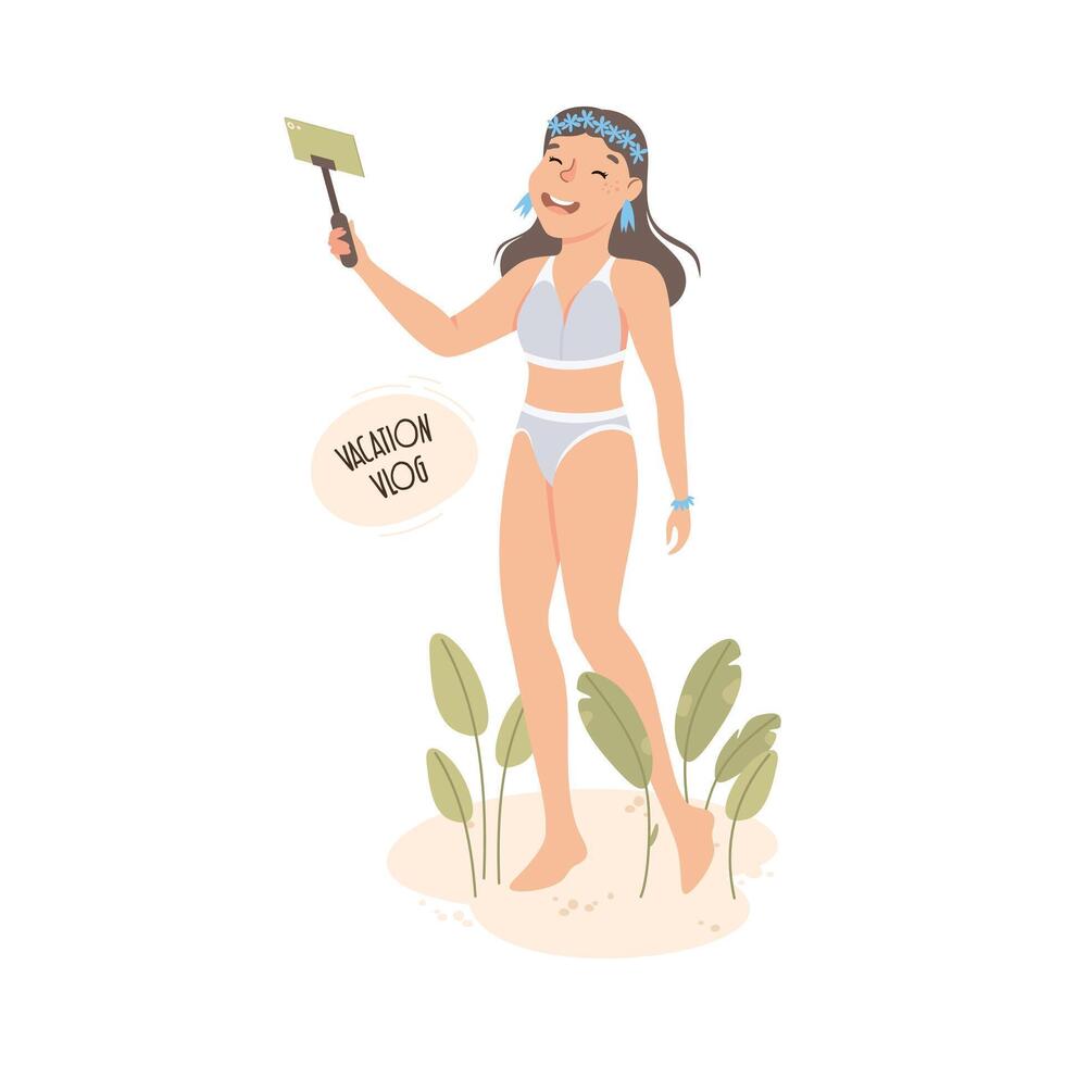 Blogger Girl Woman Having Vacation and Recording with Smartphone, Social Media Influencer Concept Cartoon Style Illustration vector