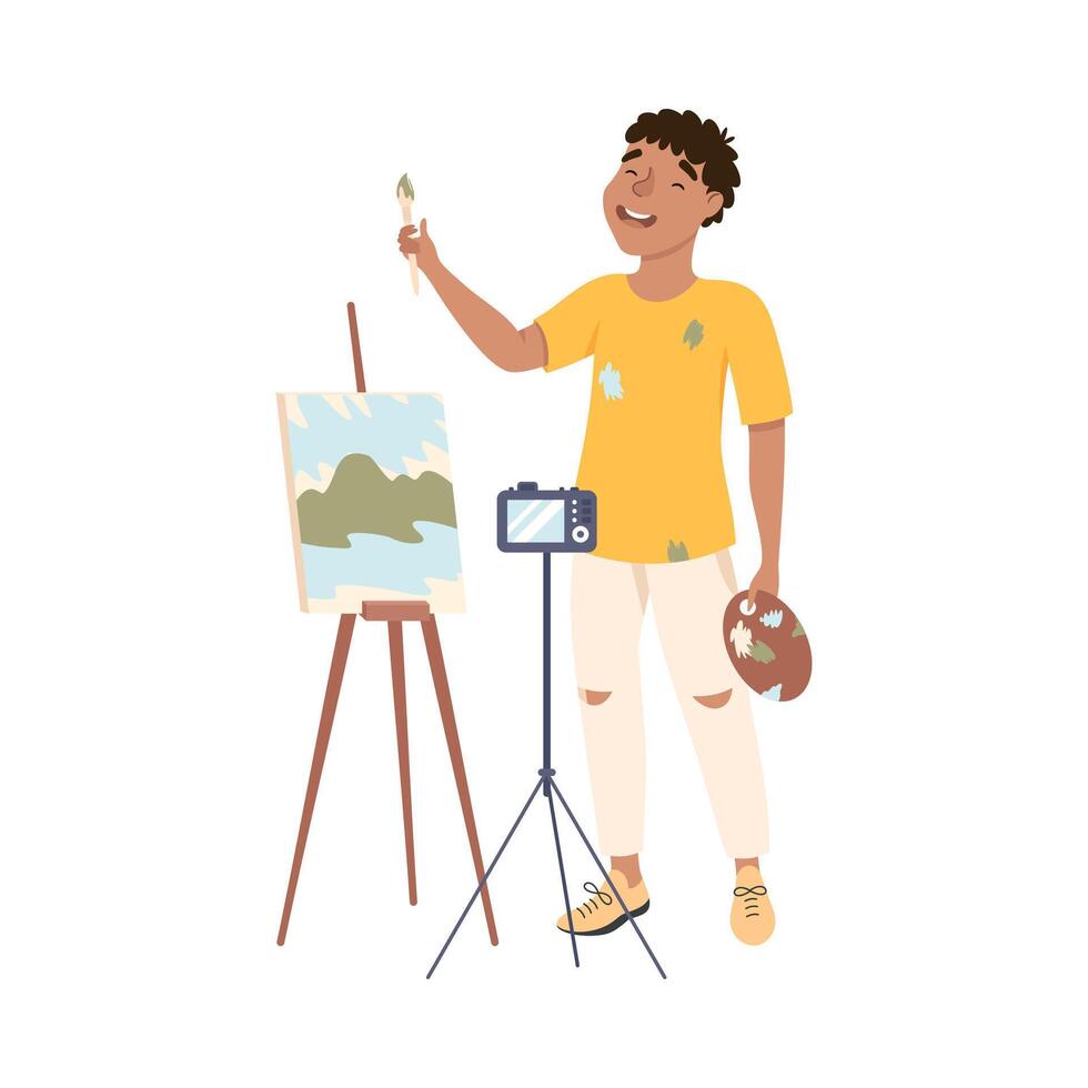 Painter Blogger Painting on Canvas and Recording Using Camera for His Online Channel, Blogging, Social Media Networking Concept Cartoon Style Illustration vector