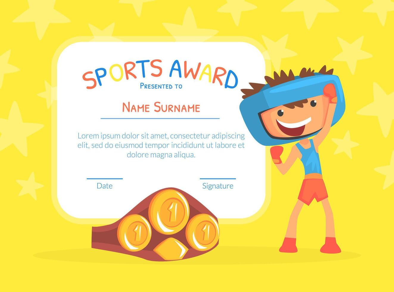 Sports Award Certificate with Cute Happy Boxer Boy and Space for Text, Colorful Kids Diploma Template Cartoon Illustration vector