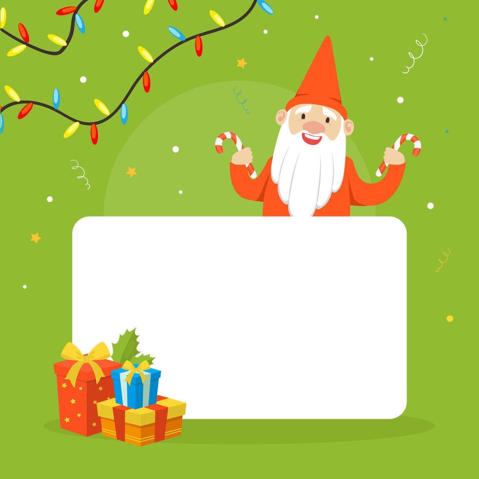 Christmas Gnome Holding Blank Banner, Winter Holidays Background, Greeting Card, Sale Advertising Poster Cartoon Illustration vector