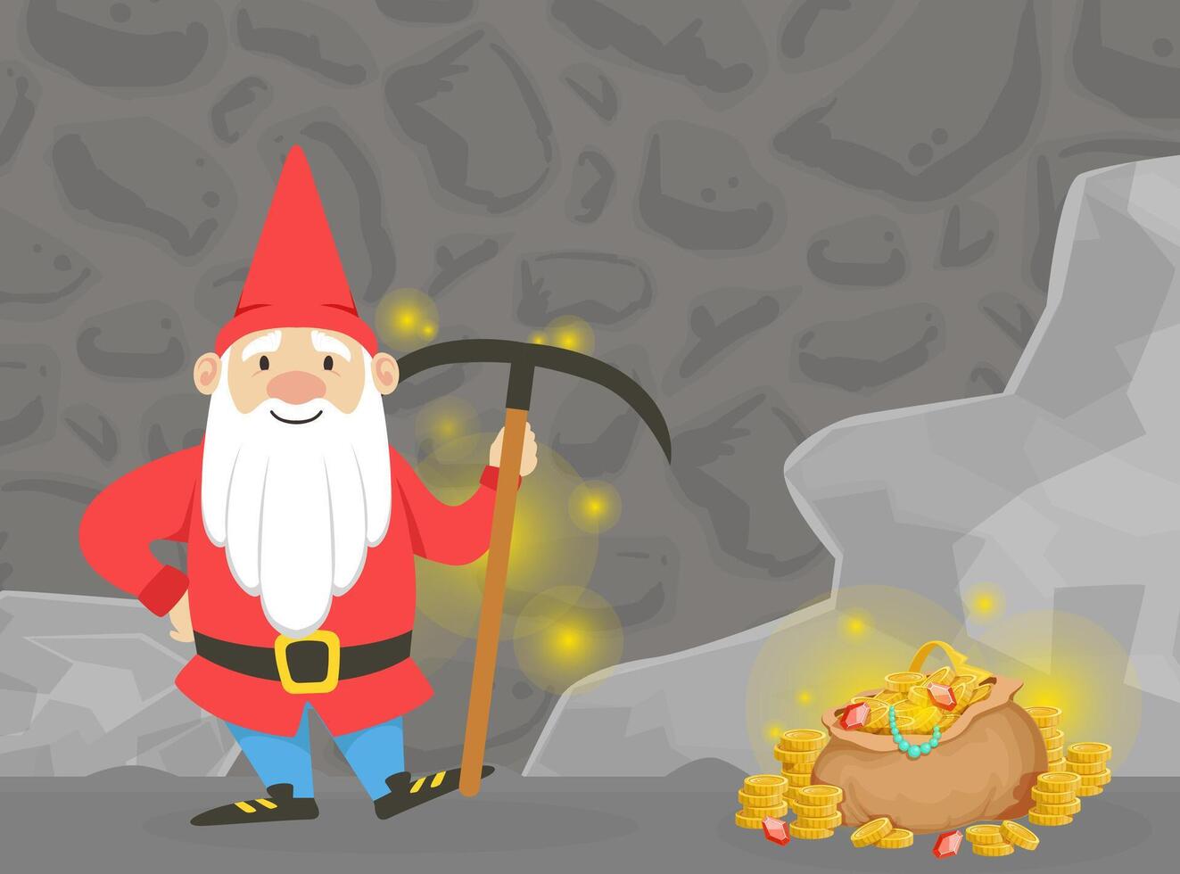 Cute Gnome in Mine Extracting Gems with Pickaxe, Happy Funny Fairy Tale Dwarf Searching for Gold Cartoon Illustration vector