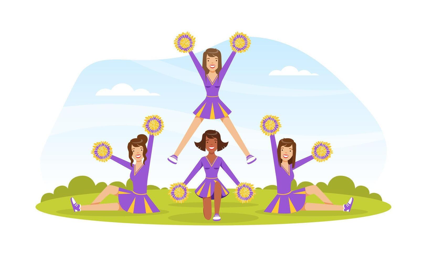 Cheerleading Team Dancing Together with Pom Poms, Fans Girls in Purple Uniform Making Pyramid on Football Stadium Outdoors Illustration vector