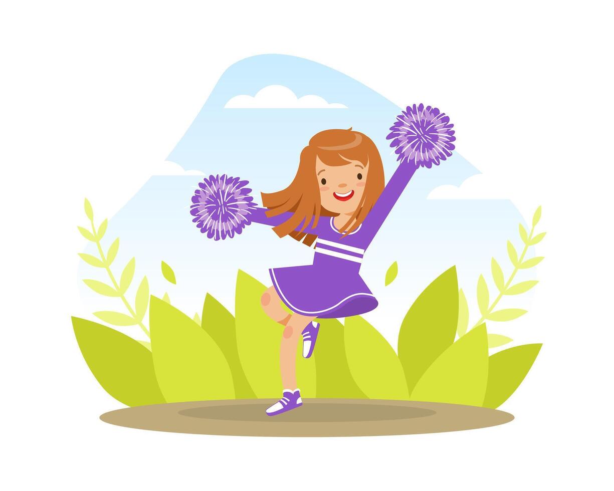 Cute Cheerleader Girl Dancing with Pom Poms, Fan Girl in Purple Uniform Performing on Football Stadium Outdoors Illustration vector