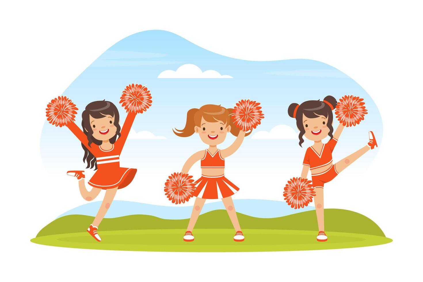Cheerleading Team of Girls Dancing Together with Pom Poms Outdoors, Girls in Red Uniform Performing on Football Stadium Illustration vector