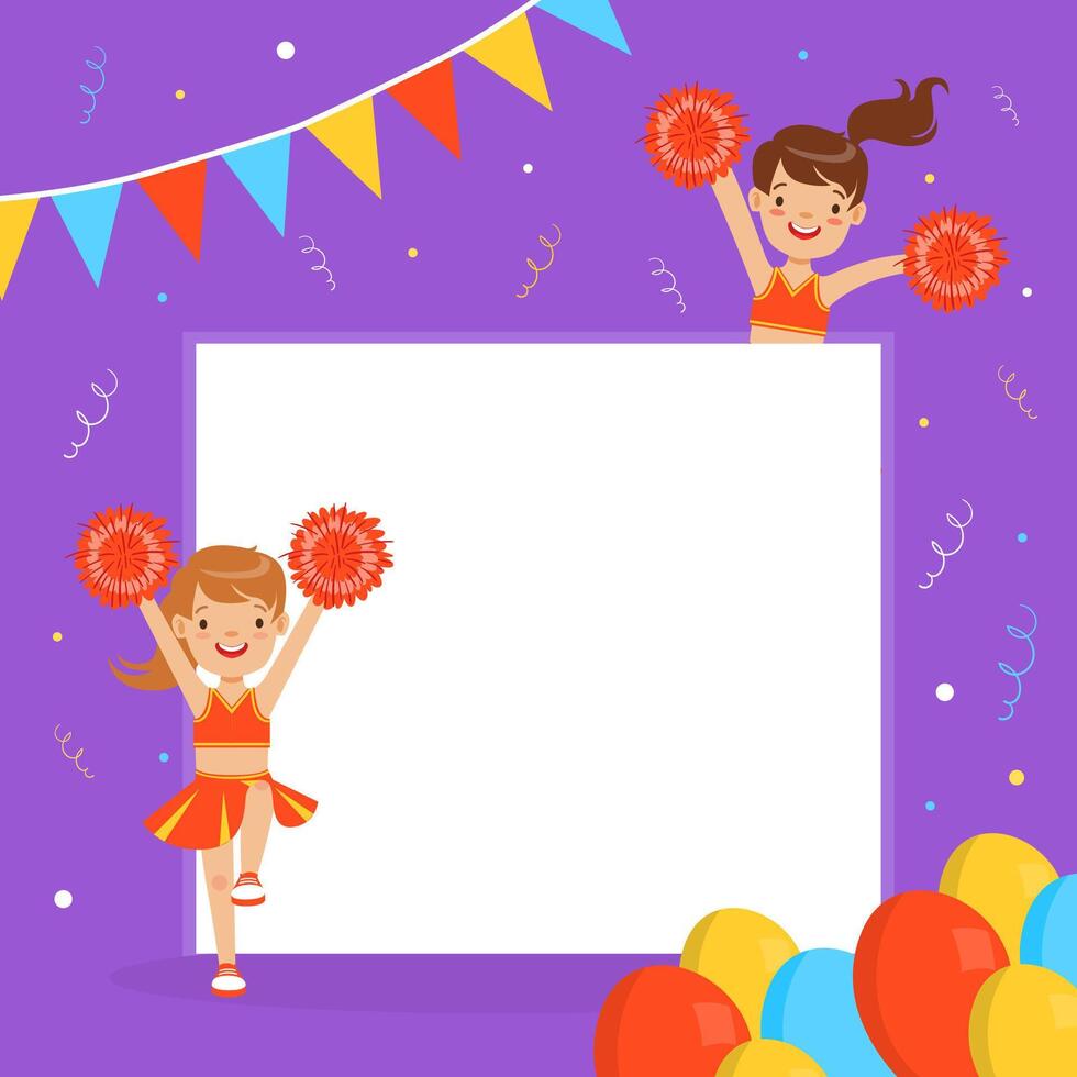 Cheerleader Girls with Blank Banner, Fan Girls in Red Uniform Dancing with Pom Poms, Background, Card, Poster Design Cartoon Style Illustration vector